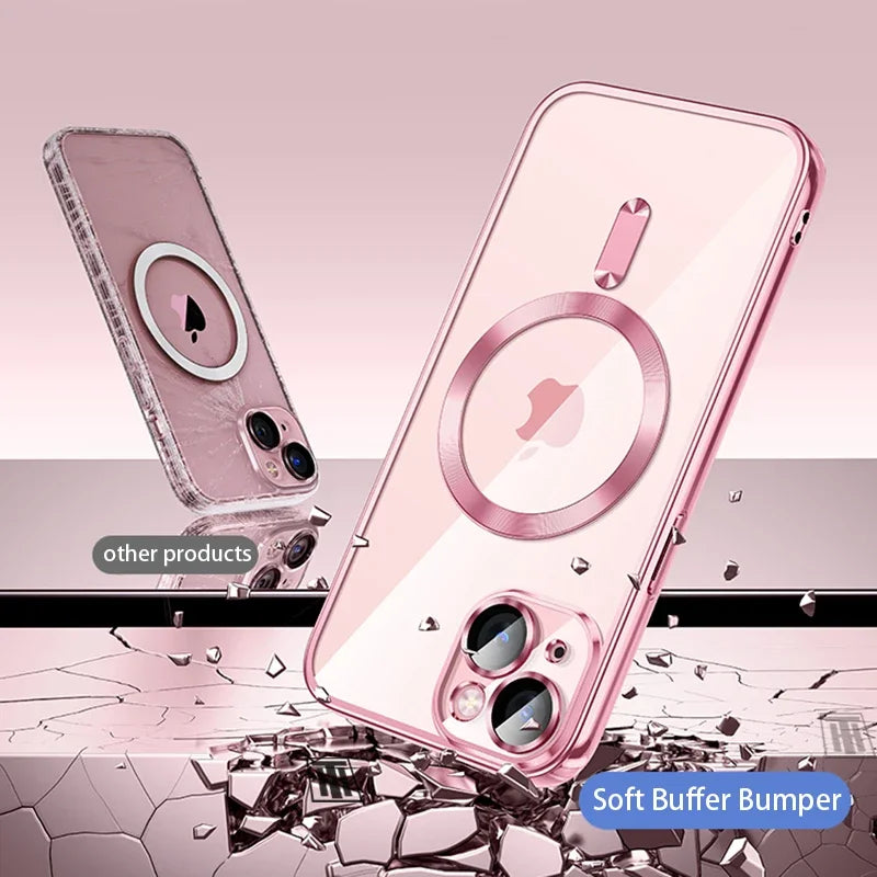 Clear Plating Silicone Case For iPhone 17 Air 16 15 14 13 12 11 17 Pro Max 16 Plus Magsafe Magnetic Lens Film Protect Cover Pink