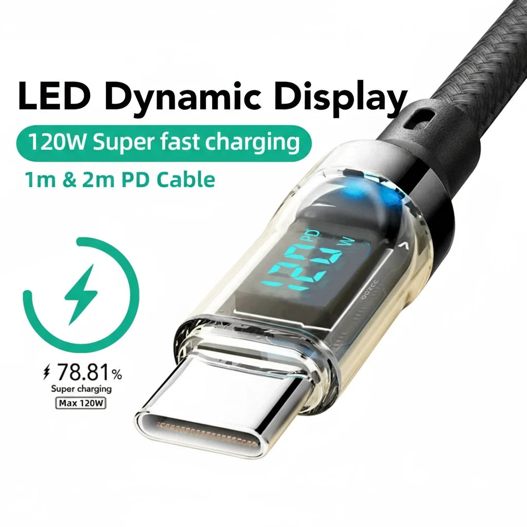 OOZCC LCD Watt Display Cable, 120W Super Fast Charging USB Type C Cable Data Transfer, USB A to Lightning for IPhone14 Pro Max