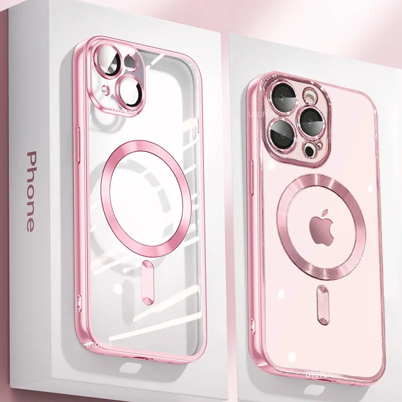 Clear Plating Silicone Case For iPhone 17 Air 16 15 14 13 12 11 17 Pro Max 16 Plus Magsafe Magnetic Lens Film Protect Cover Pink