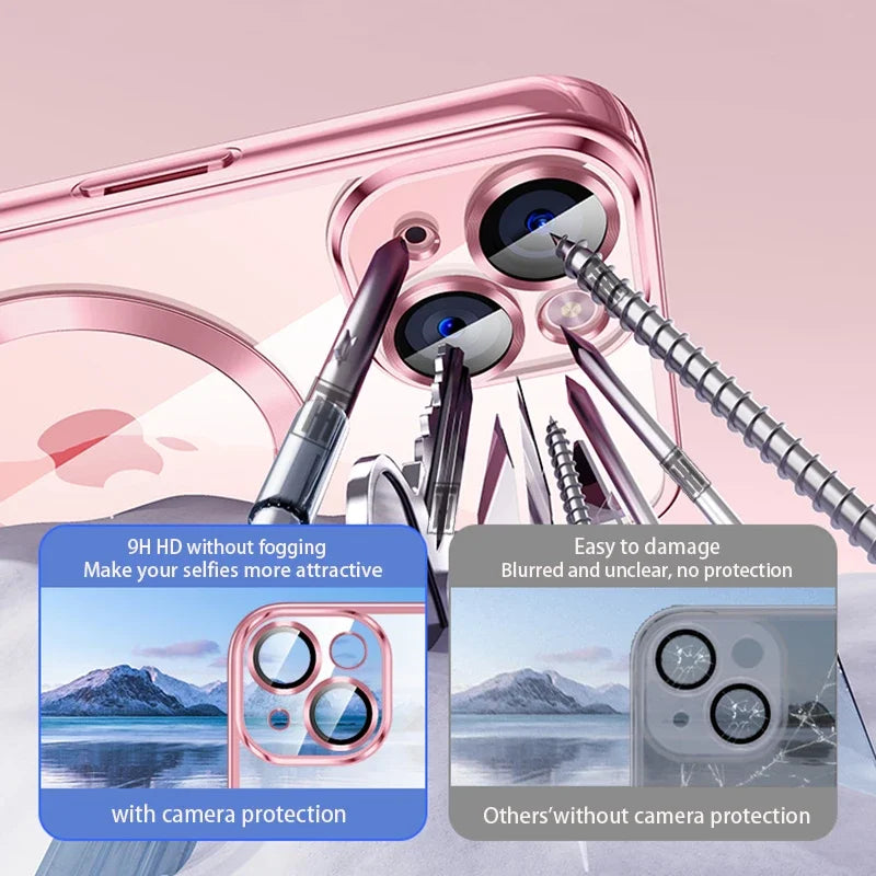 Clear Plating Silicone Case For iPhone 17 Air 16 15 14 13 12 11 17 Pro Max 16 Plus Magsafe Magnetic Lens Film Protect Cover Pink