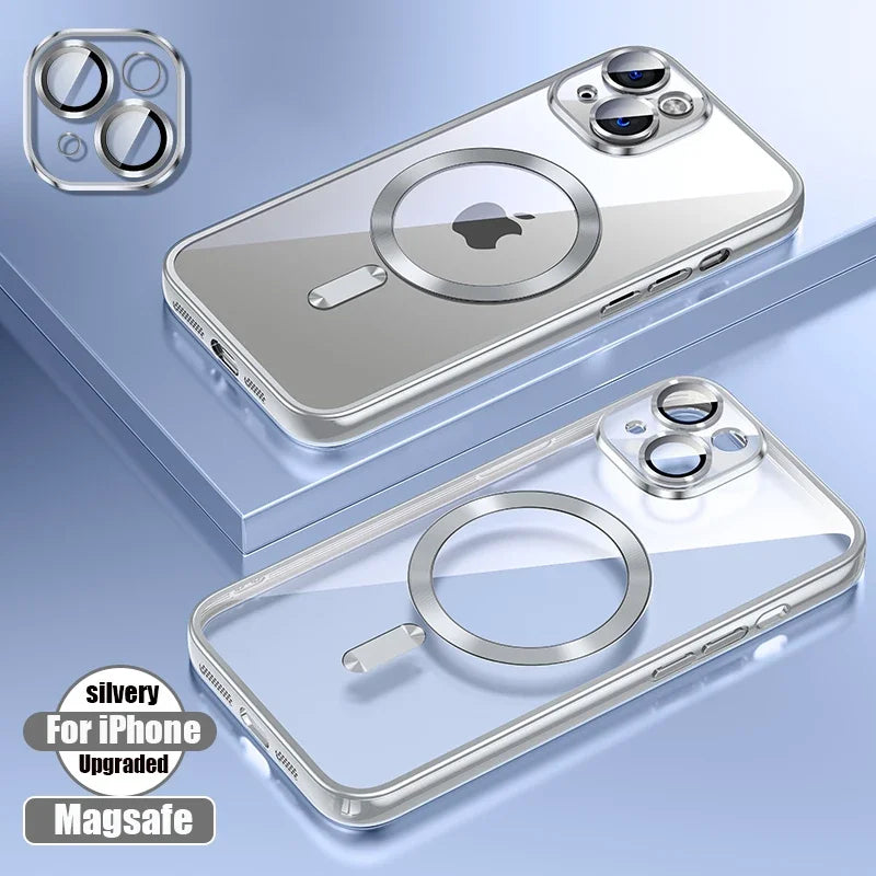 Clear Plating Silicone Case For iPhone 17 Air 16 15 14 13 12 11 17 Pro Max 16 Plus Magsafe Magnetic Lens Film Protect Cover Pink
