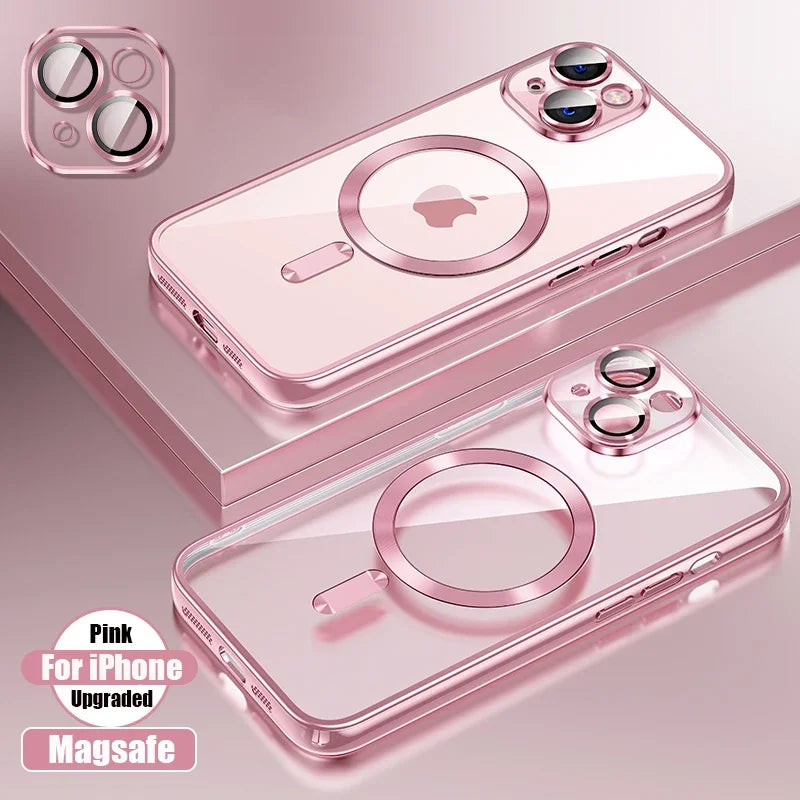 Clear Plating Silicone Case For iPhone 17 Air 16 15 14 13 12 11 17 Pro Max 16 Plus Magsafe Magnetic Lens Film Protect Cover Pink