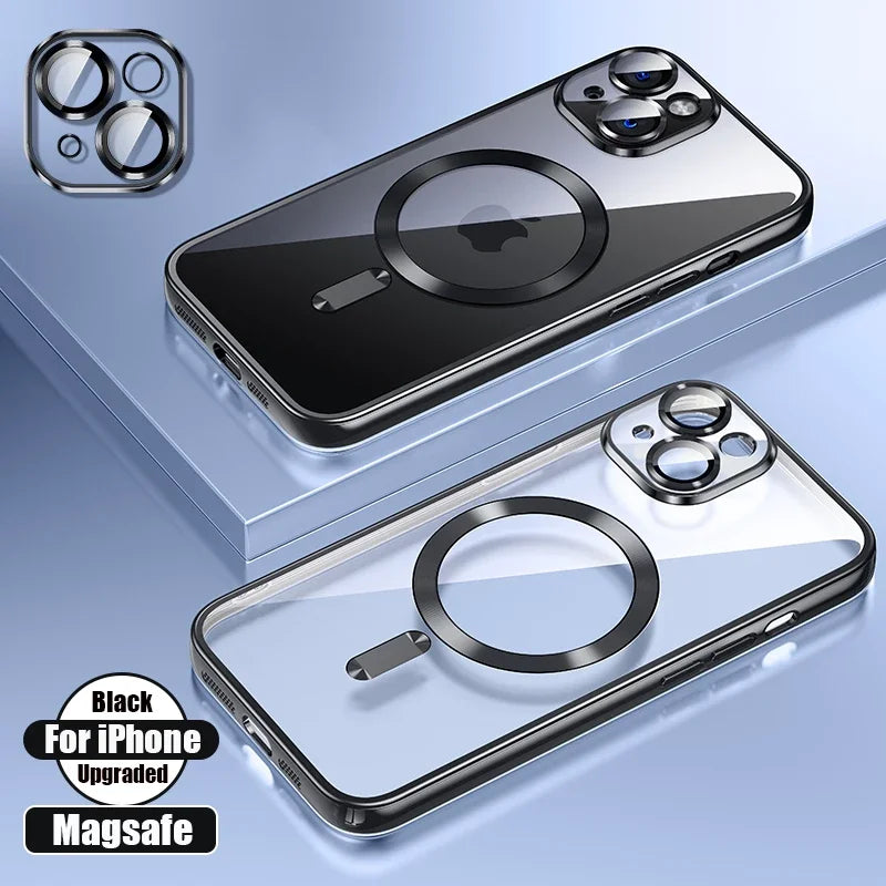 Clear Plating Silicone Case For iPhone 17 Air 16 15 14 13 12 11 17 Pro Max 16 Plus Magsafe Magnetic Lens Film Protect Cover Pink