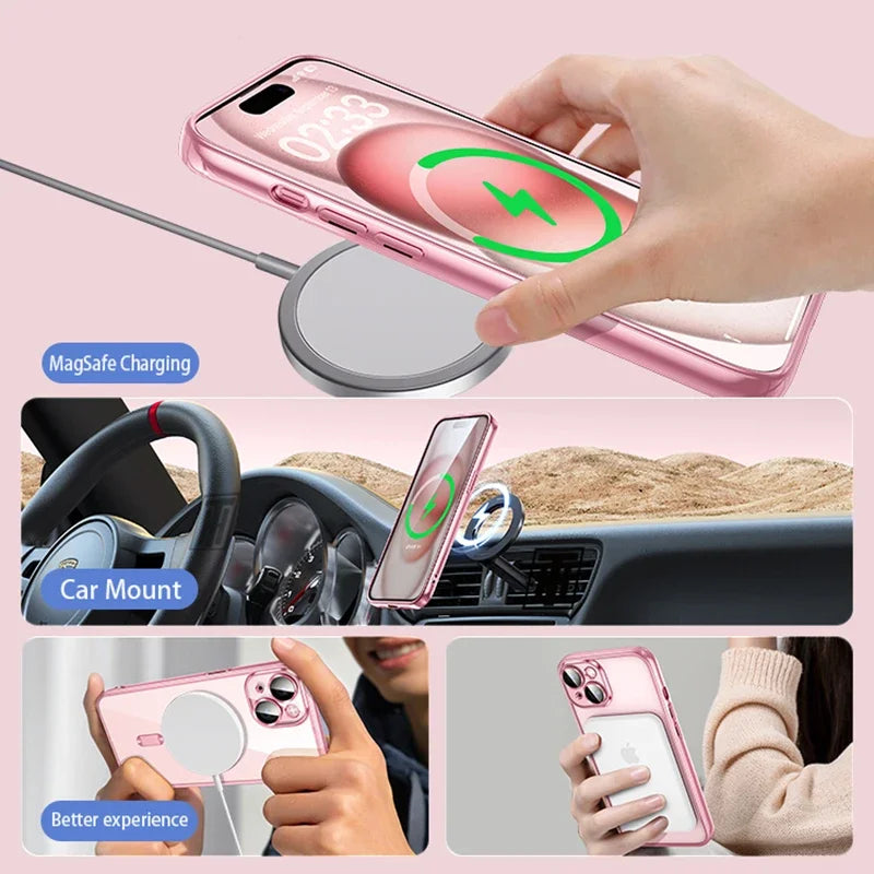 Clear Plating Silicone Case For iPhone 17 Air 16 15 14 13 12 11 17 Pro Max 16 Plus Magsafe Magnetic Lens Film Protect Cover Pink