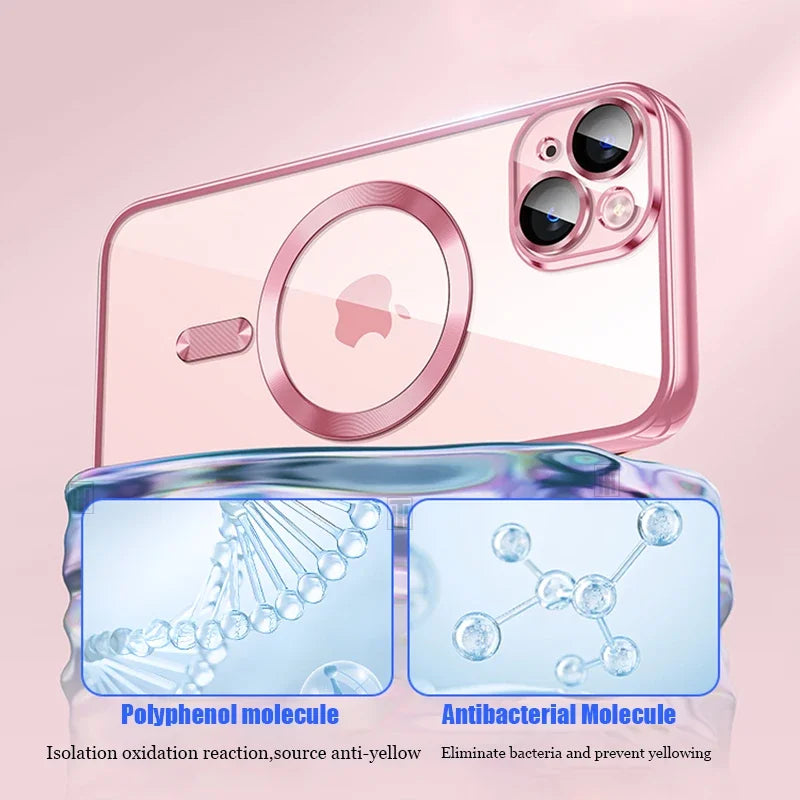 Clear Plating Silicone Case For iPhone 17 Air 16 15 14 13 12 11 17 Pro Max 16 Plus Magsafe Magnetic Lens Film Protect Cover Pink