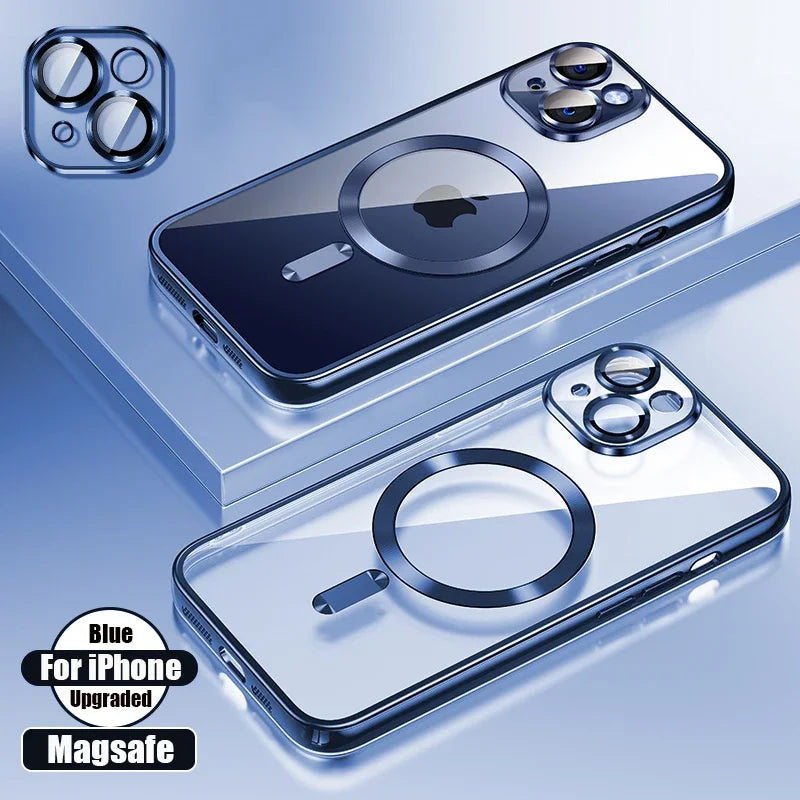 Clear Plating Silicone Case For iPhone 17 Air 16 15 14 13 12 11 17 Pro Max 16 Plus Magsafe Magnetic Lens Film Protect Cover Pink