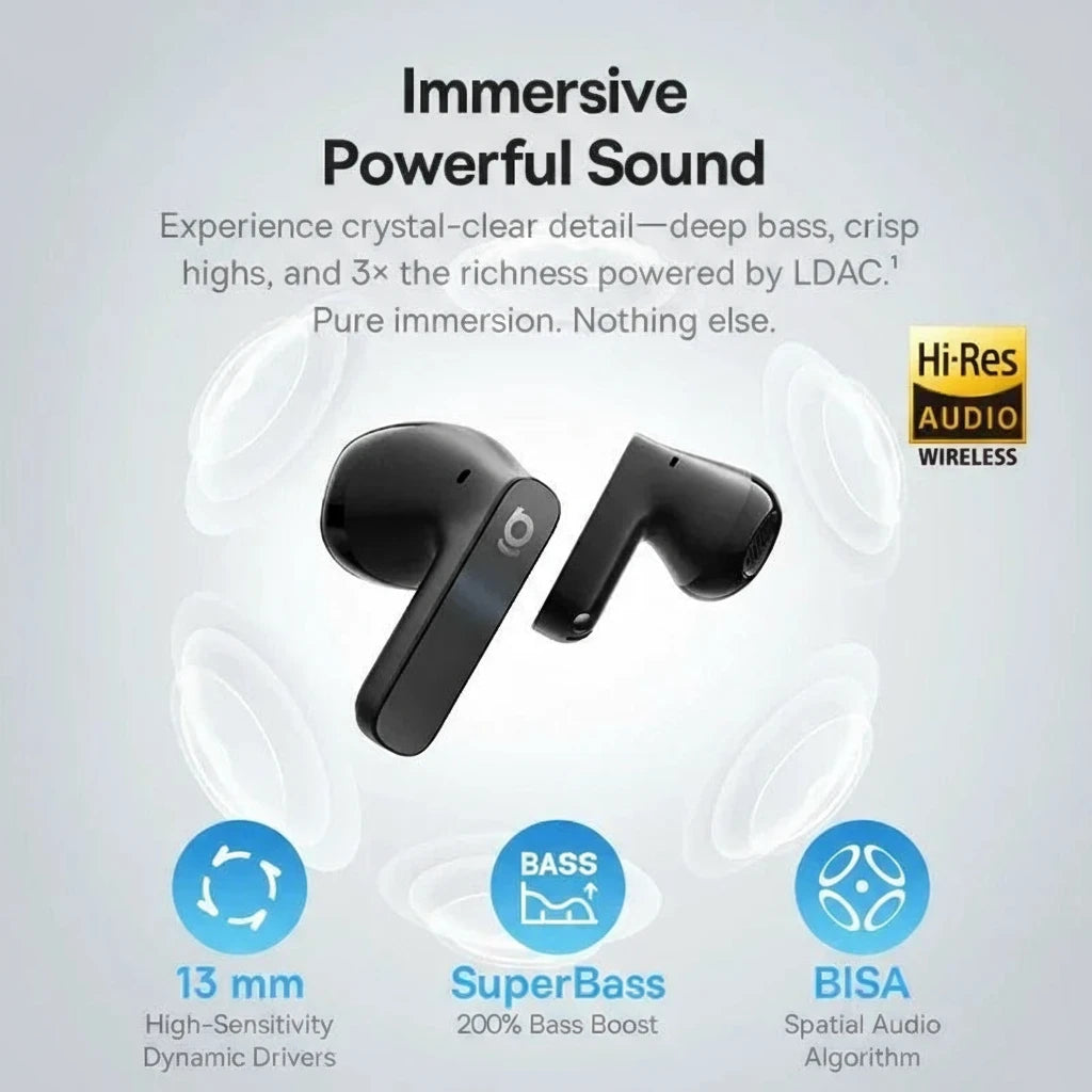 Baseus Bass BS1 NC -40dB Realtime Adaptive ANC Wireless Earbuds Bluetooth 6.0 Semi-Open Earphones LDAC Hi-Res Audio 6-Mic AI ENC