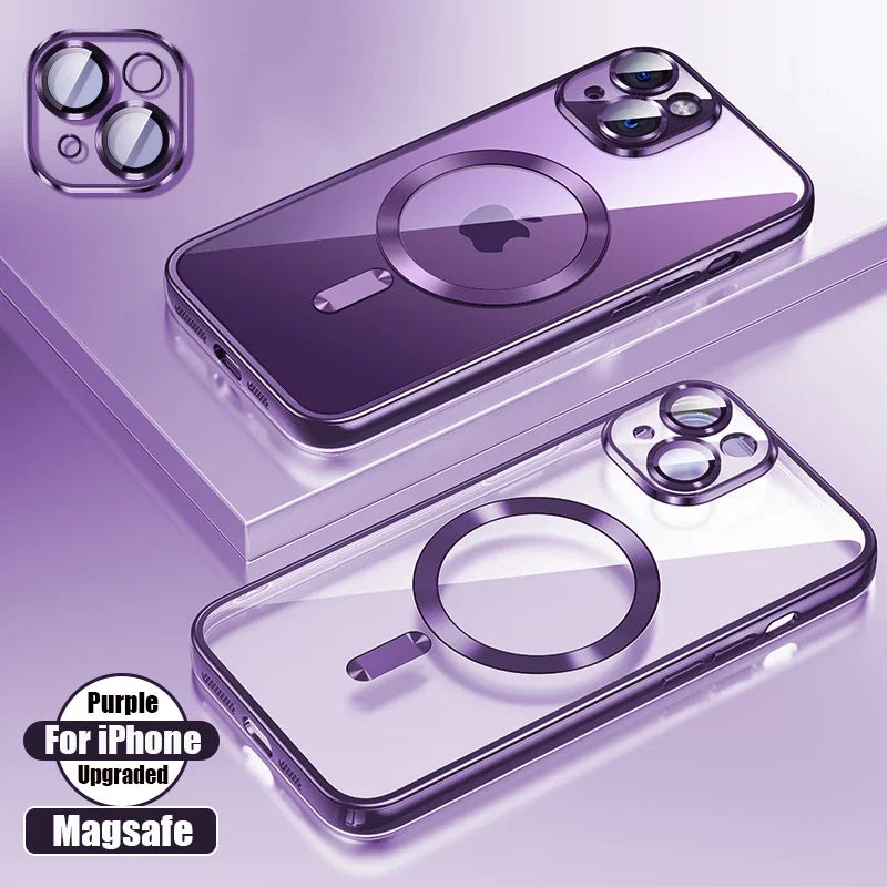 Clear Plating Silicone Case For iPhone 17 Air 16 15 14 13 12 11 17 Pro Max 16 Plus Magsafe Magnetic Lens Film Protect Cover Pink